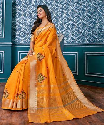 yellow yellow & red floral embroidered assam silk cotton banarasi saree 2