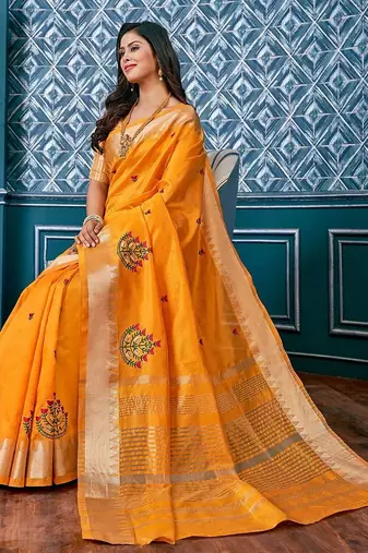 yellow yellow & red floral embroidered assam silk cotton banarasi saree