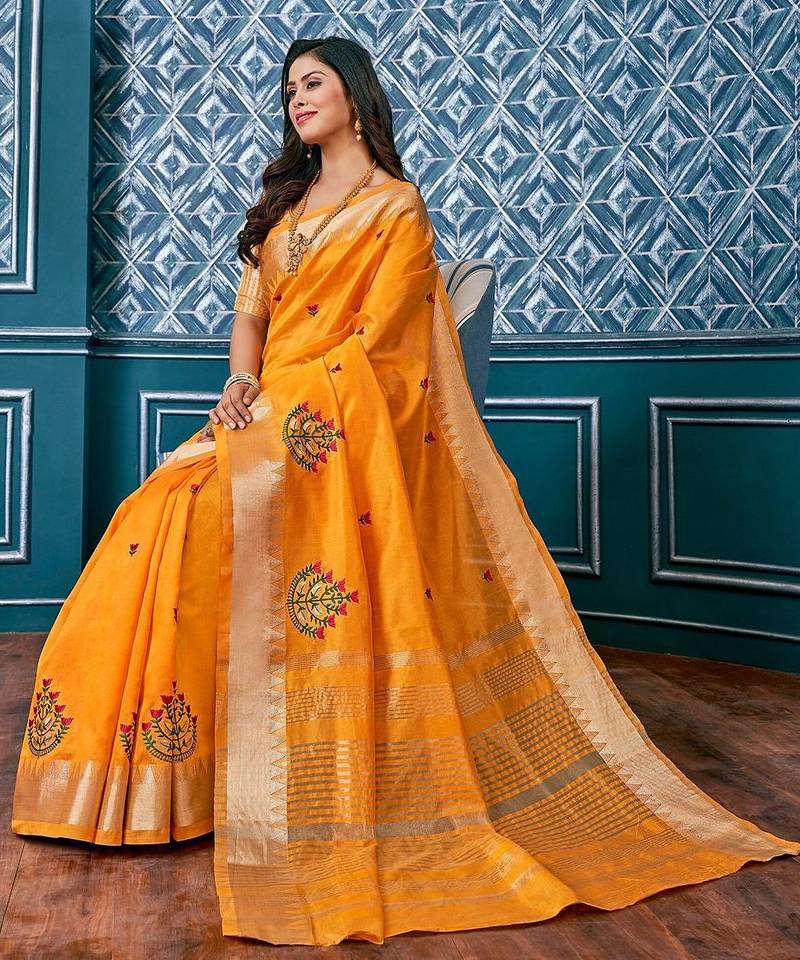 yellow yellow & red floral embroidered assam silk cotton banarasi saree