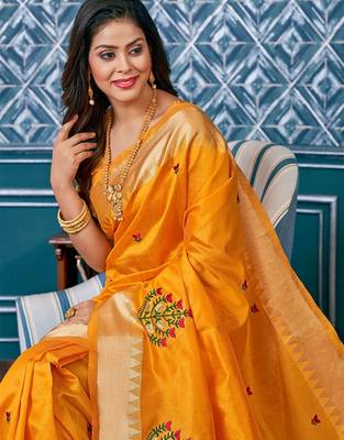 yellow yellow & red floral embroidered assam silk cotton banarasi saree 3