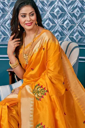 yellow yellow & red floral embroidered assam silk cotton banarasi saree
