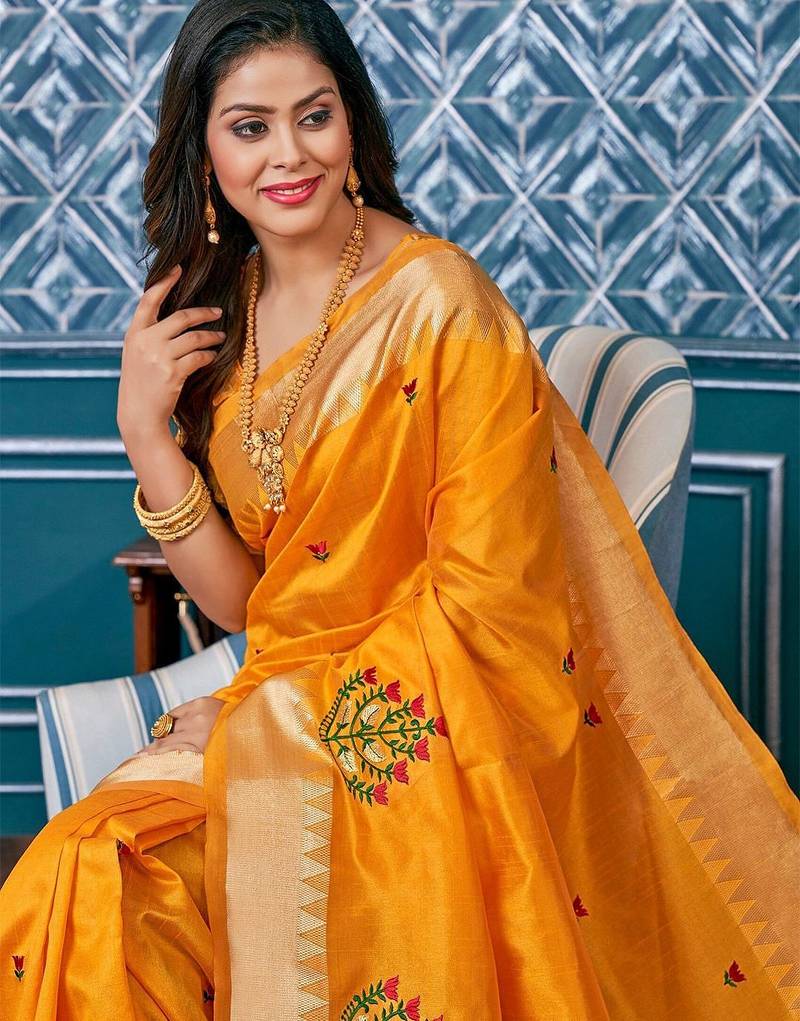 yellow yellow & red floral embroidered assam silk cotton banarasi saree
