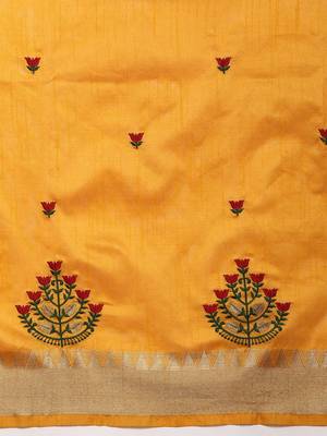 yellow yellow & red floral embroidered assam silk cotton banarasi saree 4