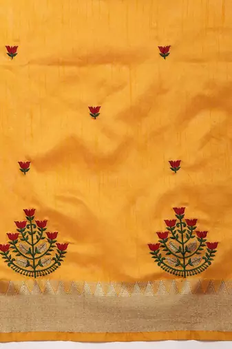 yellow yellow & red floral embroidered assam silk cotton banarasi saree