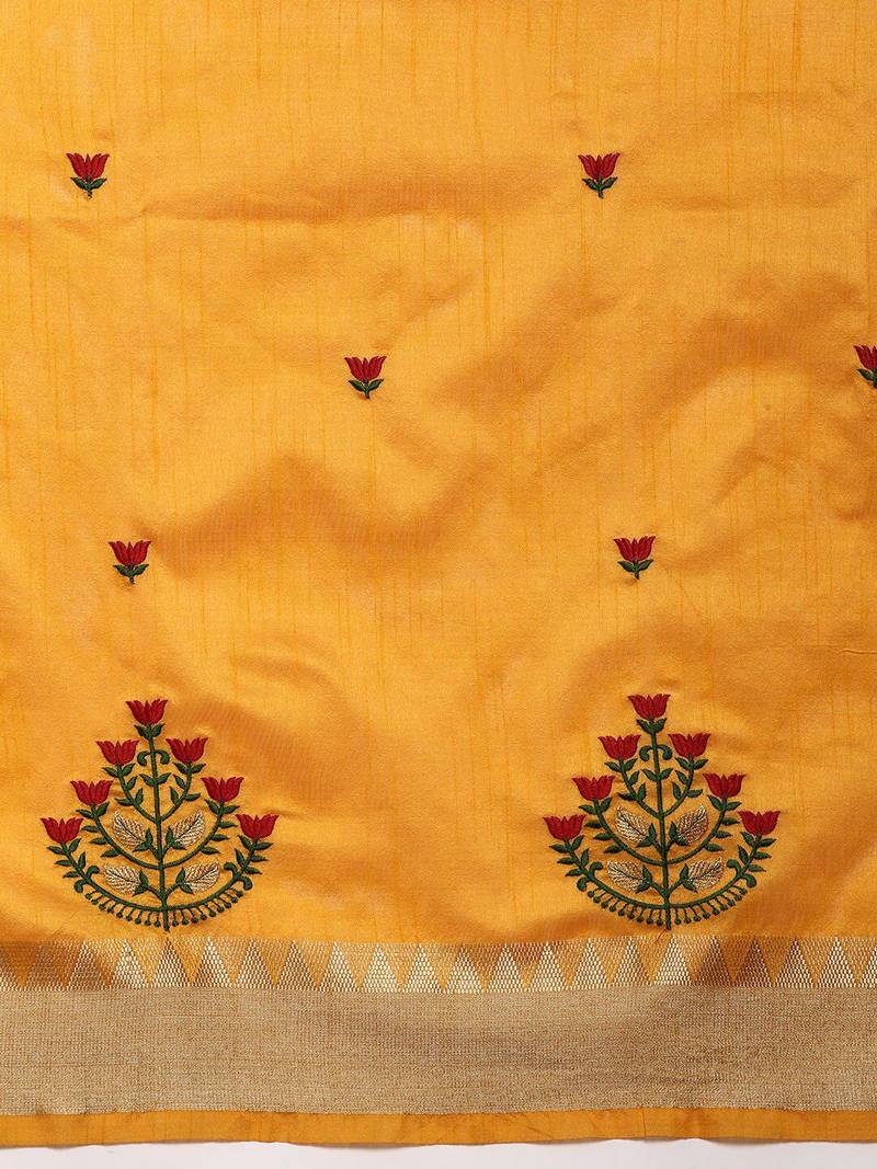 yellow yellow & red floral embroidered assam silk cotton banarasi saree