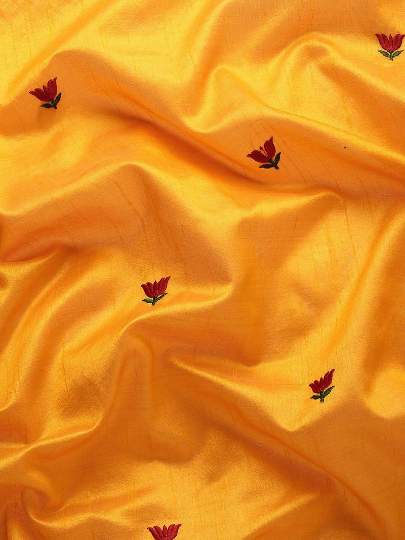 yellow yellow & red floral embroidered assam silk cotton banarasi saree