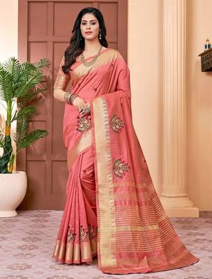 peach peach & red floral embroidered assam silk cotton banarasi saree 1