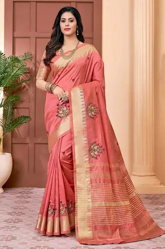 peach peach & red floral embroidered assam silk cotton banarasi saree