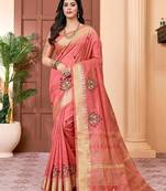peach peach & red floral embroidered assam silk cotton banarasi saree