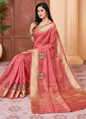peach peach & red floral embroidered assam silk cotton banarasi saree 2