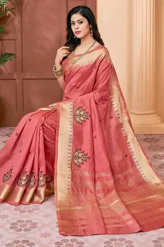peach peach & red floral embroidered assam silk cotton banarasi saree