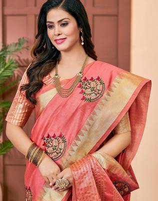 peach peach & red floral embroidered assam silk cotton banarasi saree 3