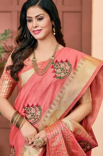 peach peach & red floral embroidered assam silk cotton banarasi saree