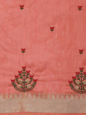 peach peach & red floral embroidered assam silk cotton banarasi saree 4