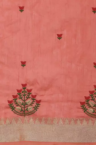 peach peach & red floral embroidered assam silk cotton banarasi saree