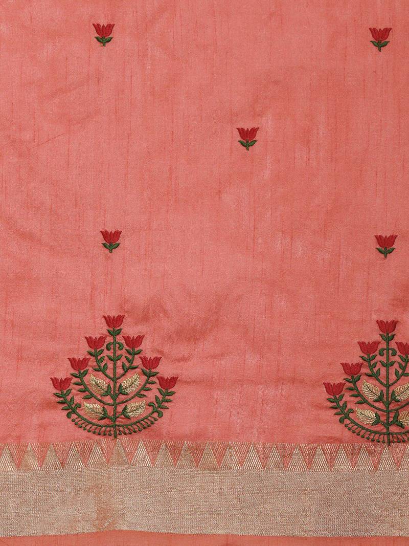 peach peach & red floral embroidered assam silk cotton banarasi saree