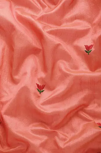 peach peach & red floral embroidered assam silk cotton banarasi saree