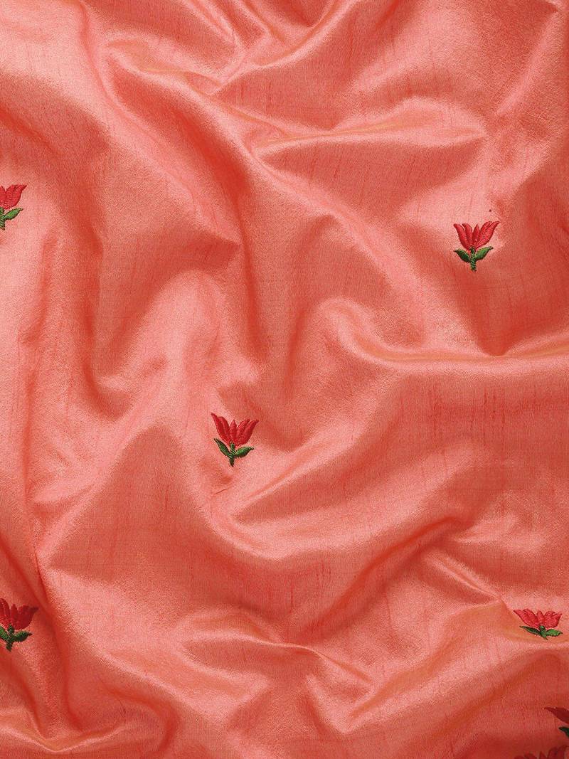 peach peach & red floral embroidered assam silk cotton banarasi saree
