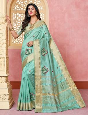 turquoise turquoise blue & red floral embroidered assam silk cotton banarasi saree 1