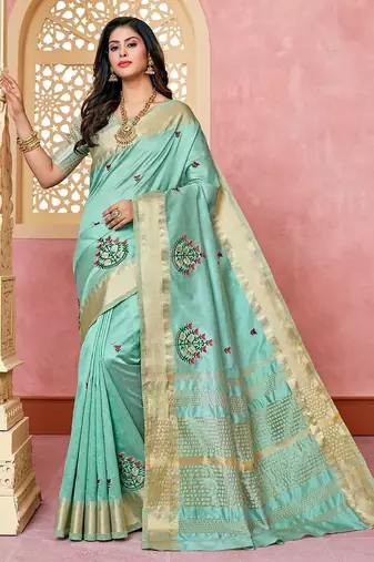 turquoise turquoise blue & red floral embroidered assam silk cotton banarasi saree