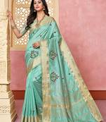turquoise turquoise blue & red floral embroidered assam silk cotton banarasi saree