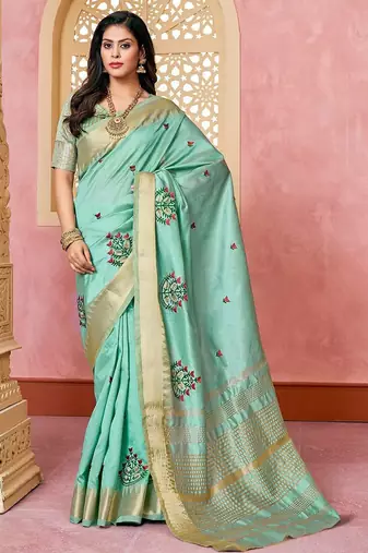 turquoise turquoise blue & red floral embroidered assam silk cotton banarasi saree