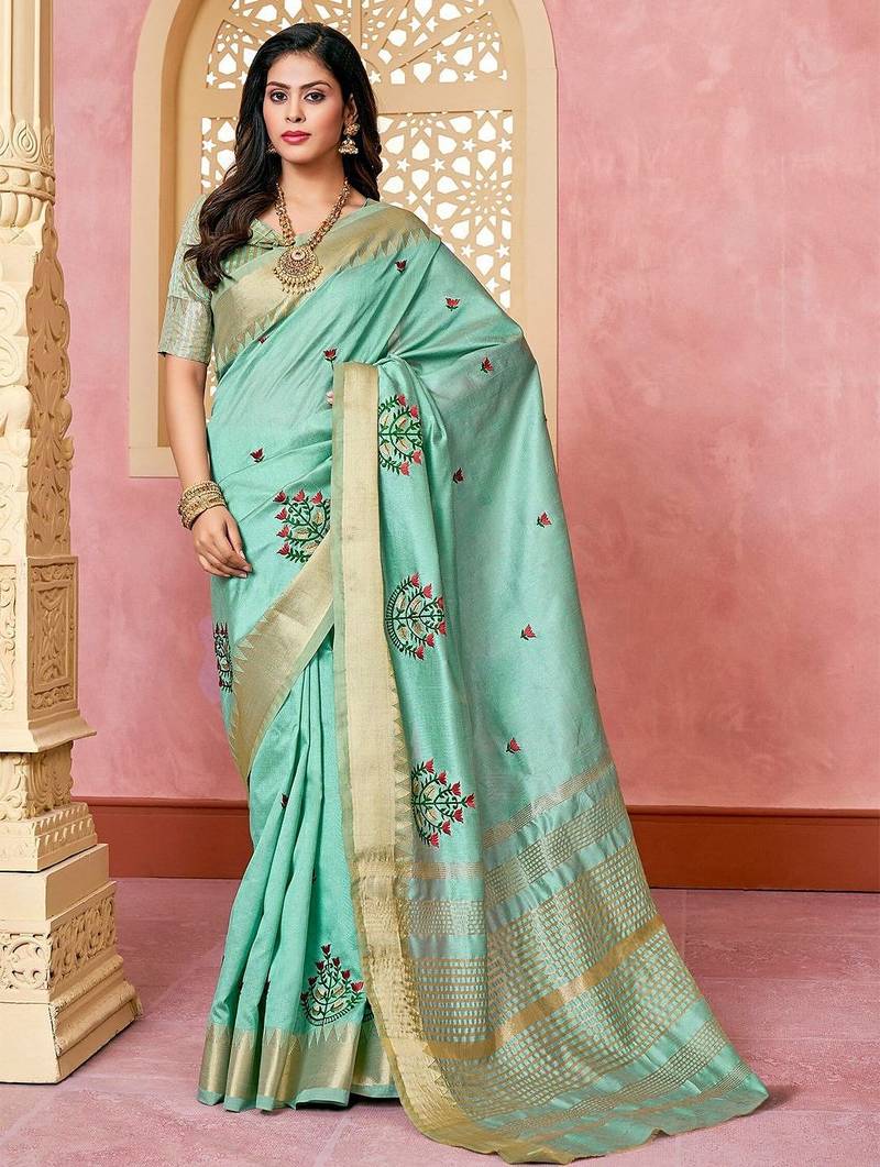 turquoise turquoise blue & red floral embroidered assam silk cotton banarasi saree