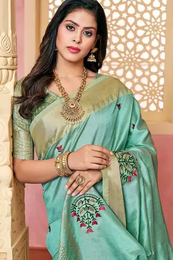 turquoise turquoise blue & red floral embroidered assam silk cotton banarasi saree