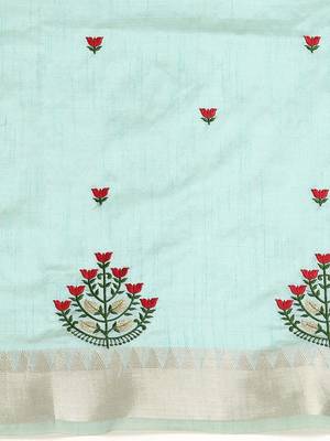 turquoise turquoise blue & red floral embroidered assam silk cotton banarasi saree 4
