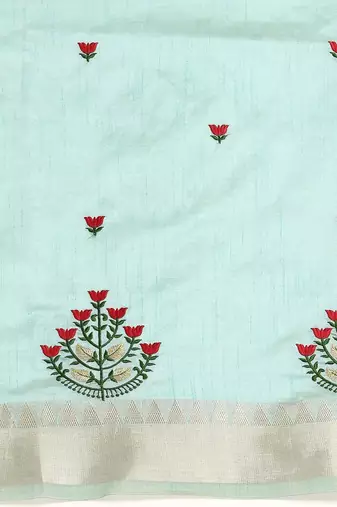 turquoise turquoise blue & red floral embroidered assam silk cotton banarasi saree