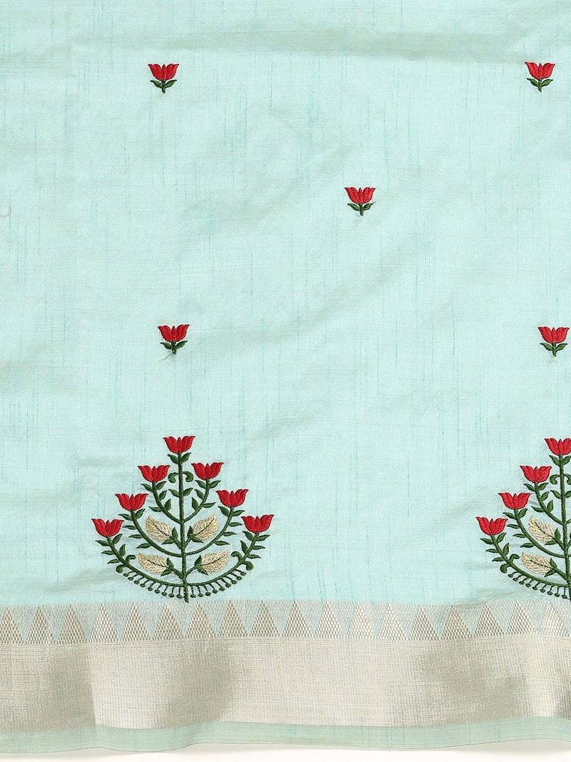 turquoise turquoise blue & red floral embroidered assam silk cotton banarasi saree