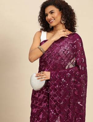 magenta checked embellished sequinned heavy work saree 1