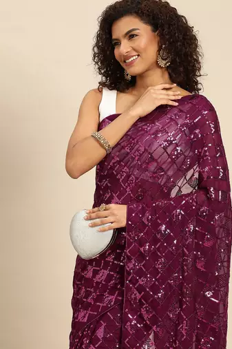 magenta checked embellished sequinned heavy work saree