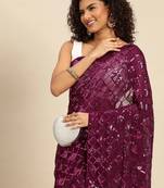 magenta checked embellished sequinned heavy work saree