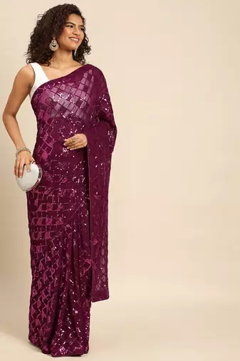 magenta checked embellished sequinned heavy work saree