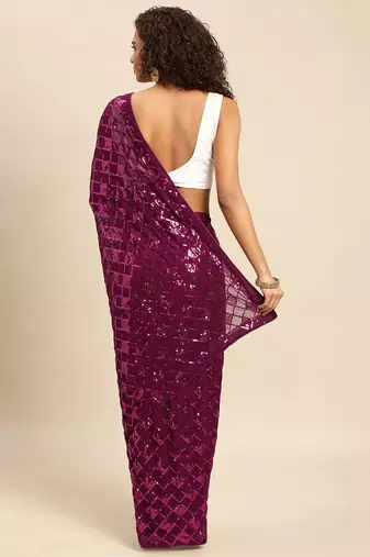 magenta checked embellished sequinned heavy work saree