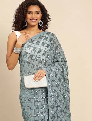 grey checked embellished sequinned heavy work saree 1