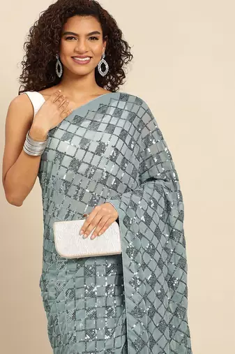 grey checked embellished sequinned heavy work saree