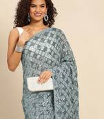 grey checked embellished sequinned heavy work saree