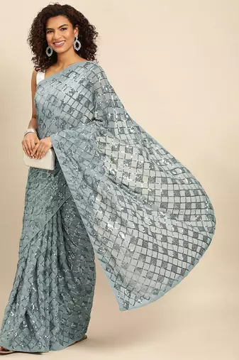grey checked embellished sequinned heavy work saree