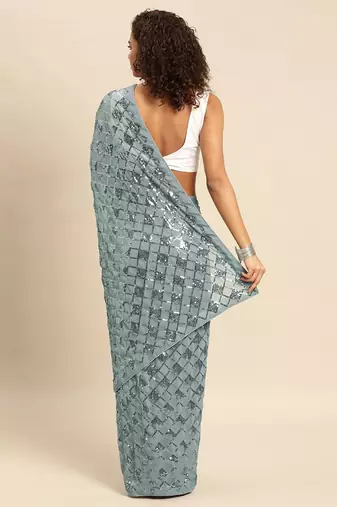 grey checked embellished sequinned heavy work saree