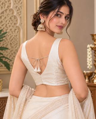 Beige silk blend sleeveless plain stylish saree blouse ready to wear 2