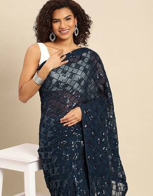 Red satin embellished detail saree with blouse piece 1