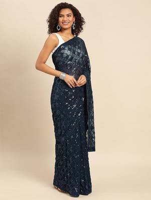 Red satin embellished detail saree with blouse piece 2