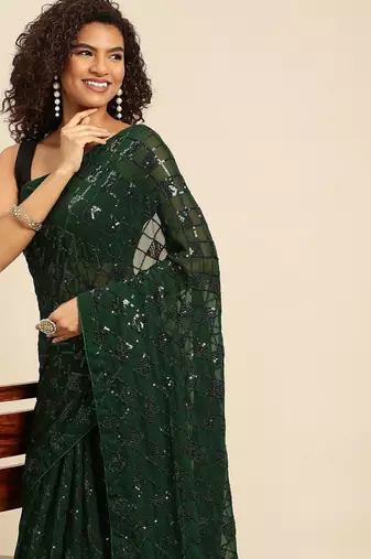 green checked embellished sequinned heavy work saree