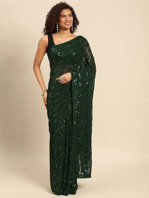 green checked embellished sequinned heavy work saree 2
