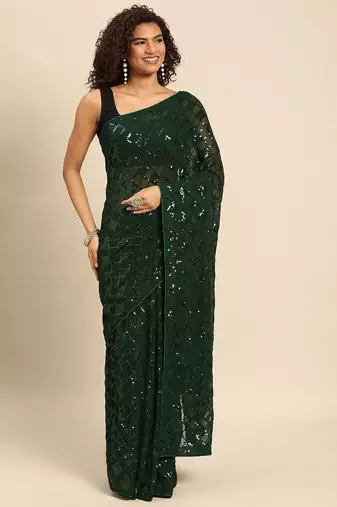 green checked embellished sequinned heavy work saree