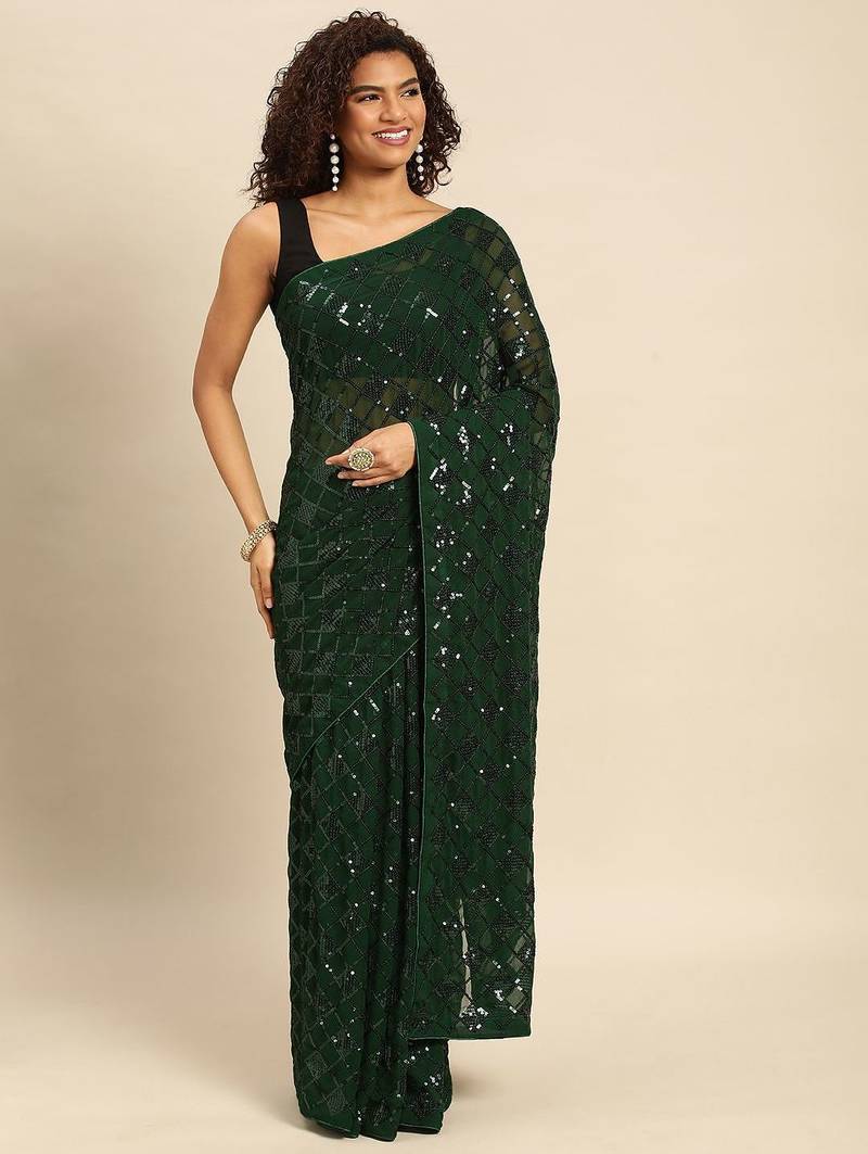 green checked embellished sequinned heavy work saree