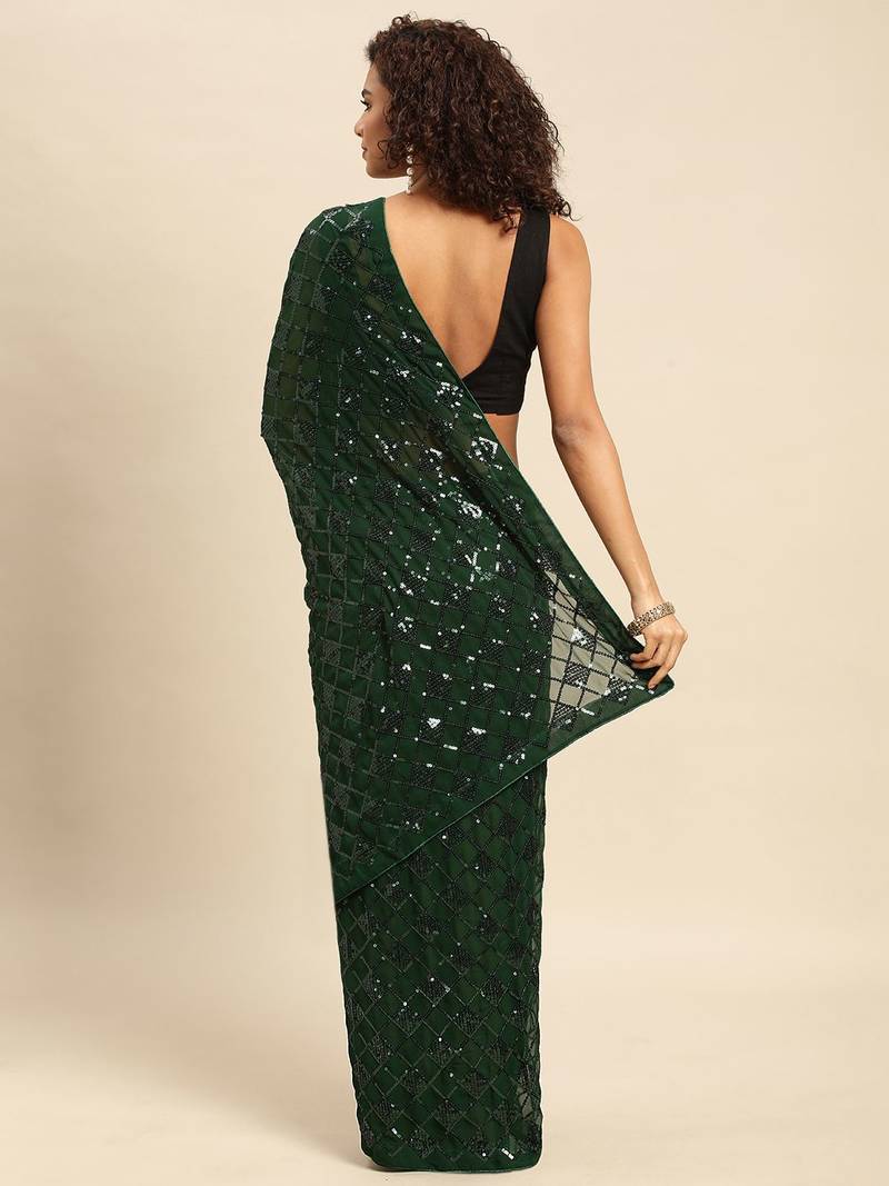 green checked embellished sequinned heavy work saree