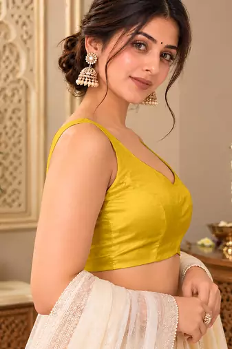 Yellow silk blend sleeveless plain stylish saree blouse ready to wear